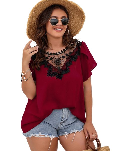 

plus contrast lace petal sleeve blouse h0px#, Black