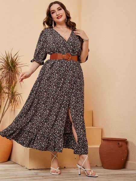 

plus ditsy floral slit thigh flounce sleeve belted dress s1vk#, Black