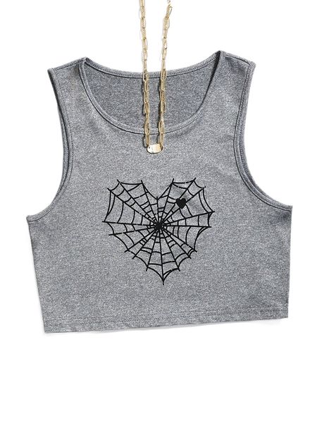 

heart and spider web print crop tank 14vk#, White