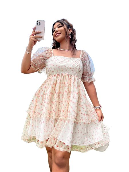 

plus ditsy floral square neck puff sleeve layered hem mesh dress t0nj#, Black