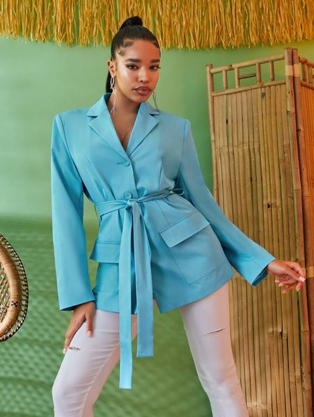 

sxy flap pocket belted button front longline blazer m815#, White