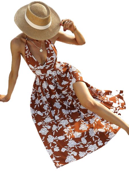 

allover floral print tie backless halter dress w1ew#, Black;gray