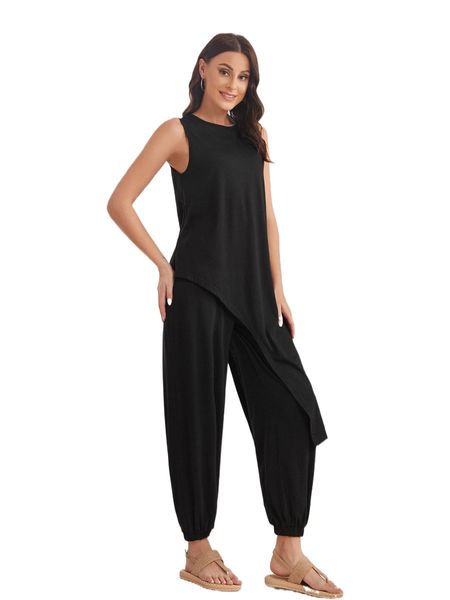 

emery rose asymmetrical hem tank & pants c56g#, White