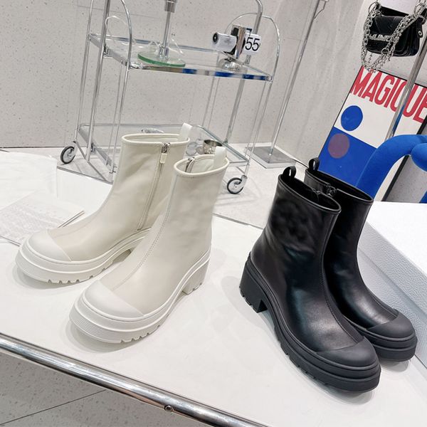 

designer symbol women leather ankle boots black white supple calfskin round side zipper round toe boots eva sole autumn and winter boots wit