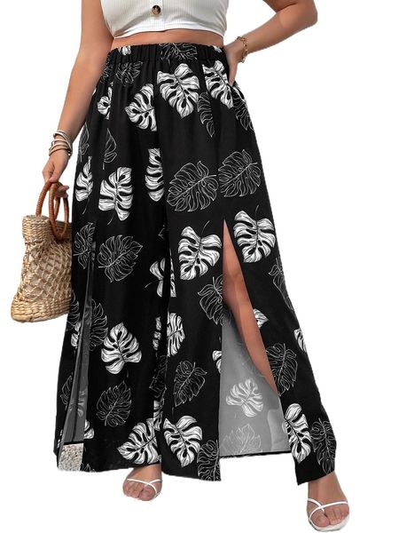 

plus tropical print split thigh wide leg pants a8sg#, Black