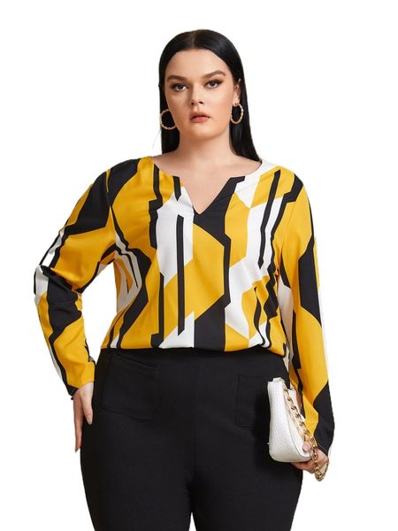 

plus geo print notched neckline blouse x42v#, Black