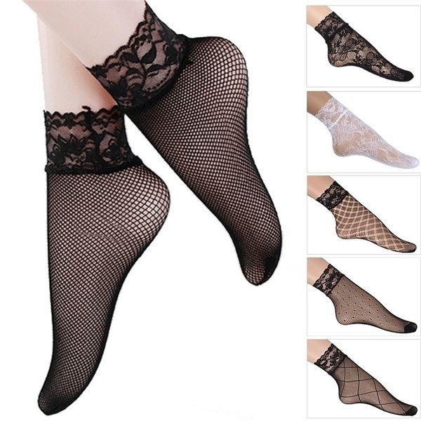 Damen Damen Herbst Sexy Mesh Seidensocken für weibliche ultradünne transparente Nylon kurz mit Spitze Hochelastizität T200916