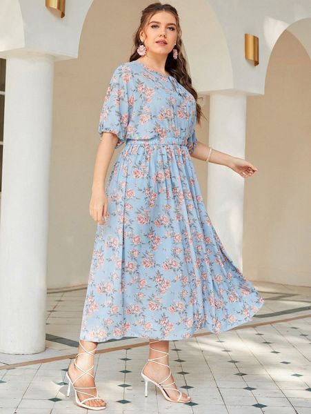 

plus allover floral print a-line dress 29f6#, Black