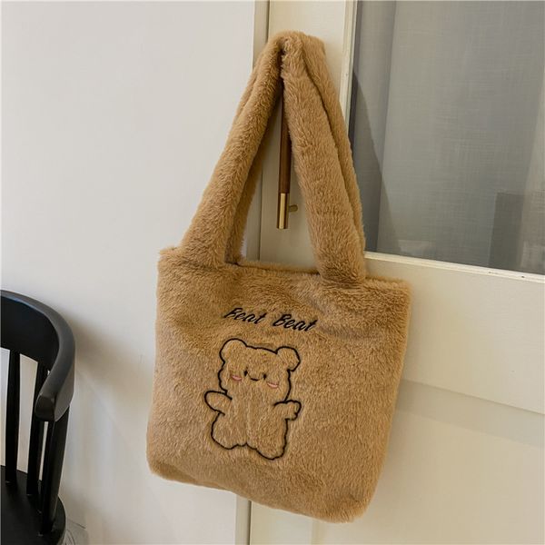 

winter women fashion plush tote bag white/khaki cute bear handbag ladies reusable foldable large-capacity shopper bag for women