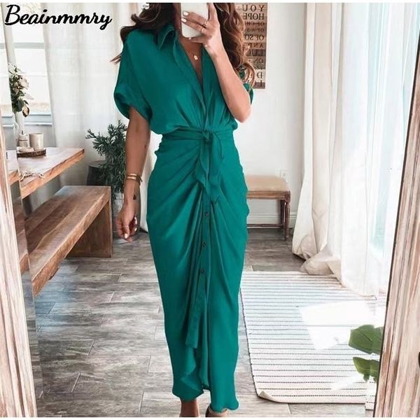 Mulheres verão elegante botão ruched bandagem camisa vestido moda casual manga curta sólida v pescoço praia maxi 220402