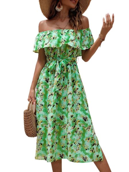 

tie dye off shoulder ruffle trim split thigh belted dress e2gf#, Black;gray