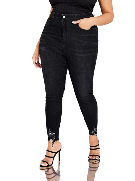 

plus high waist ripped raw cut skinny jeans g8fx#, Blue