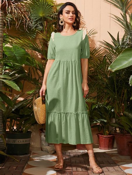 

frill trim ruffle hem smock dress 05cb#, Black;gray