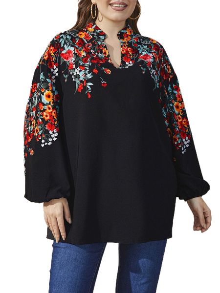 

plus random floral print notched neck lantern sleeve blouse q2oz#, Black