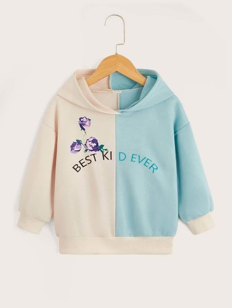 

toddler girls letter & floral graphic two tone hoodie she, Black