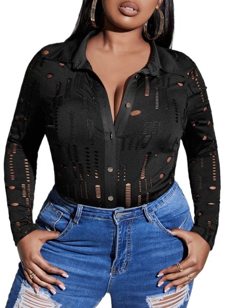 

plus hollow out button front tee 24j8#, Black