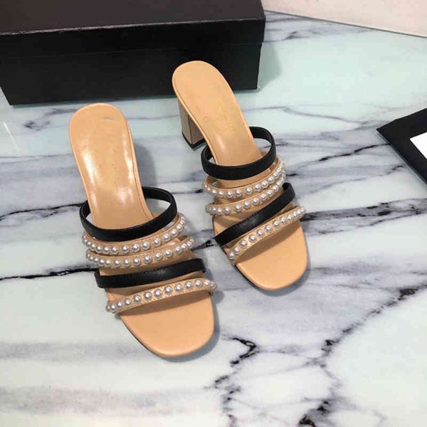 

sandals summer style temperament pearl high-heeled sandals thick heels go out and pedal slippers women, Black