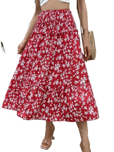 

ditsy floral print shirred ruffle hem dress 00gu#, Black