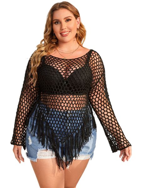 

plus fringe hem cover up without bikini d6r7#, Black