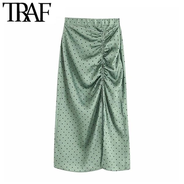 

traf women vintage elegant polka dot pleated midi skirt fashion elastic waist side zipper slit female skirts chic faldas mujer 210306, Black