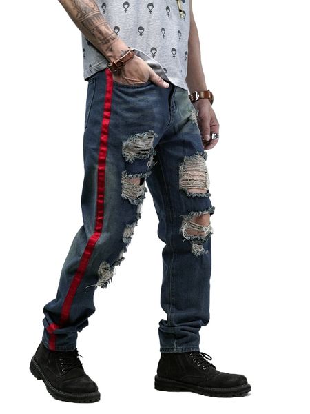 

romwe guys contrast tape ripped jeans l6i8#, Blue