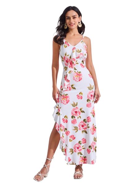 

floral print ruffle trim asymmetrical hem cami dress 93uw#, Black;gray