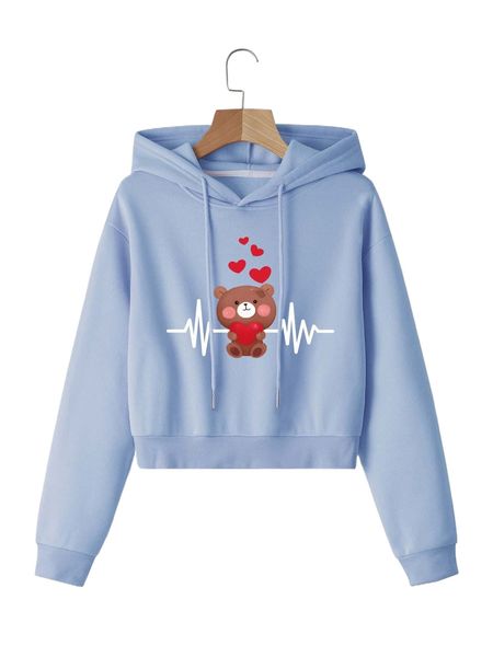 

cartoon & heart print thermal drawstring hoodie o1nz#, Black