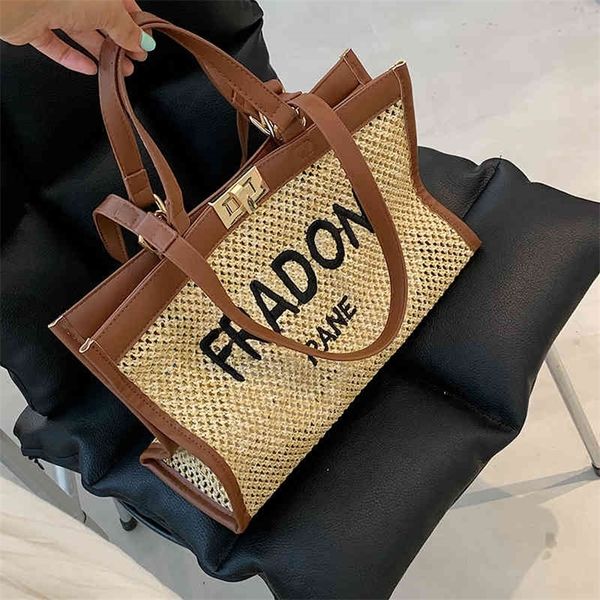 

summer large capacity beach grass woven bag women's 2022 new fashion single shoulder bag portable letter tote bag 70% off outlet sale