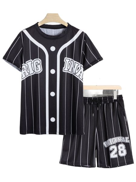 

men striped & letter graphic tee & drawstring waist shorts d0se#, Gray