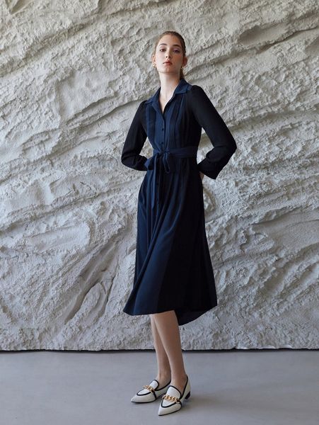 

motf premium pleated belted shirt dress q1pg#, Black;gray