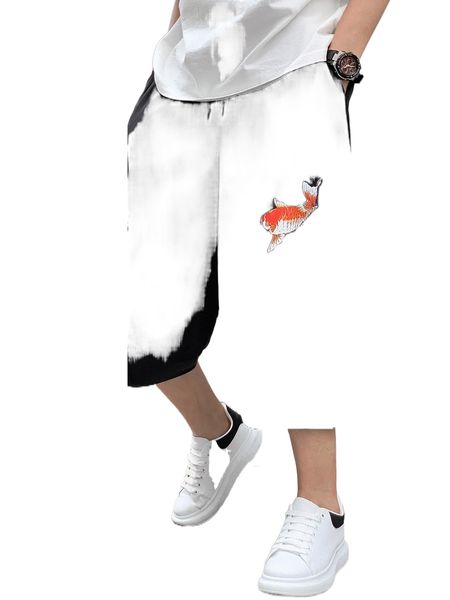 

men fish print cropped pants 29mc#, Black