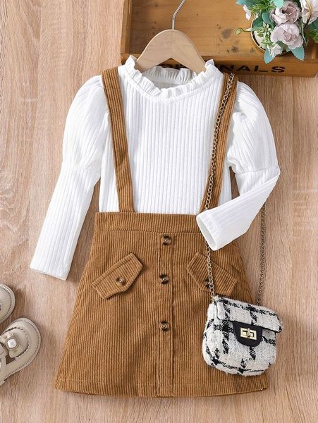 

toddler girls frill neck gigot sleeve tee & pinafore skirt she, White