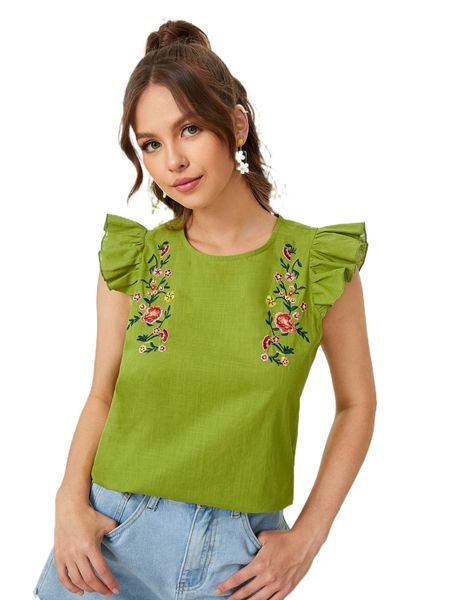 

ruffle trim floral embroidery j29b#, White