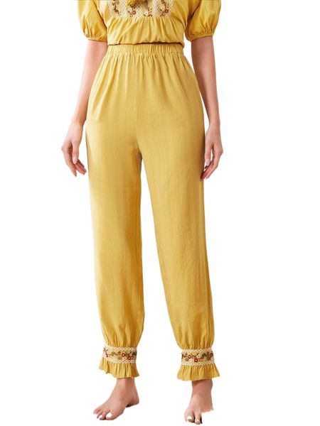 

floral embroidery ruffle hem sleep pants y1h3#, Black;red