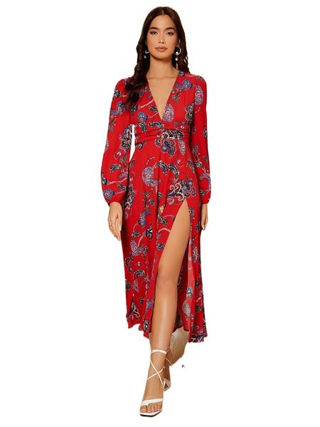 

paisley print lantern sleeve split thigh dress y6s0#, Black;gray