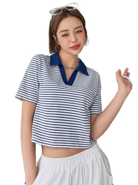 

dazy striped contrast collar crop tee z6ln#, White