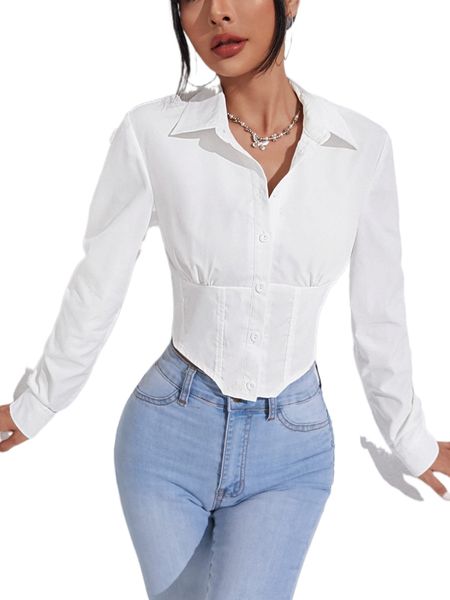 

solid button front crop shirt v2op#, White
