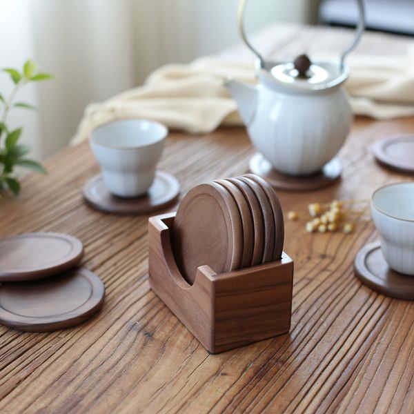 6шт / набор японских черных орех деревянный коврик бытовой стеклянный чай чай чашка водяной стеклянный пивной кружка кофе чашка кружка изоляционные колодки чашки коврик