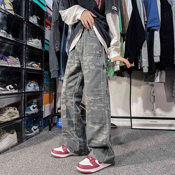 

camo jeans men fashion retro casual straight baggy jeans men streetwear hip hop loose cargo jeans mens camouflage trousers s-2xl t220726, Blue