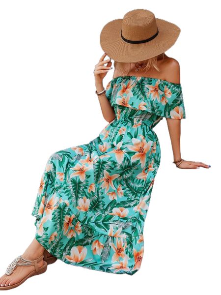 

tropical print off shoulder ruffle hem dress p37y#, Black;gray