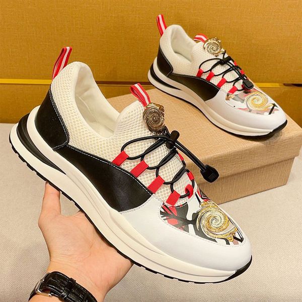 

Sports Casual Shoes Men PU Stitching Knitted Breathable Round Toe Fashion Retro Printing Simple Elastic Belt Light Running Shoes DP436, Clear