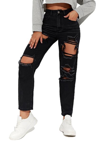 

high waist ripped tapered jeans 86qm#, Blue