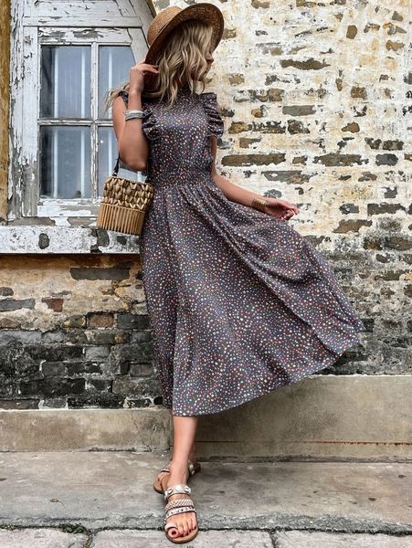 

all over print ruffle trim dress 0642#, Black;gray