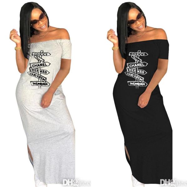 

retail plus size s-3xl summer womens causal maxi dresses designer split short sleeve dress letter print clothing, Black;gray
