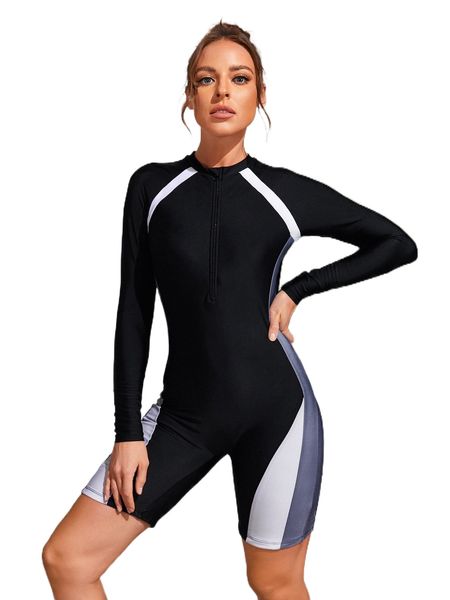 

colorblock zip front one piece swimsuit p7fl#, White;black