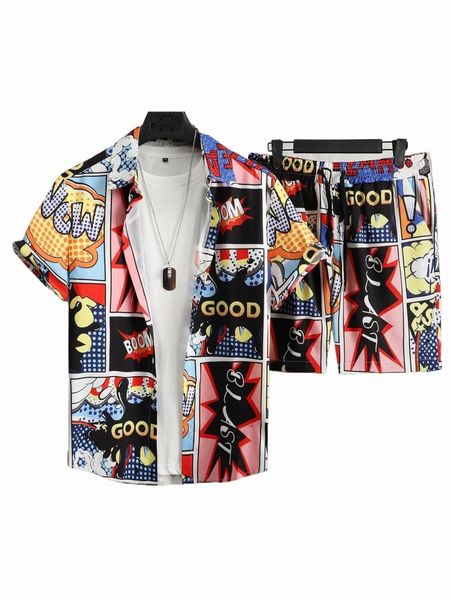 

men pop art print shirt & drawstring waist shorts without tee 91vt#, Gray