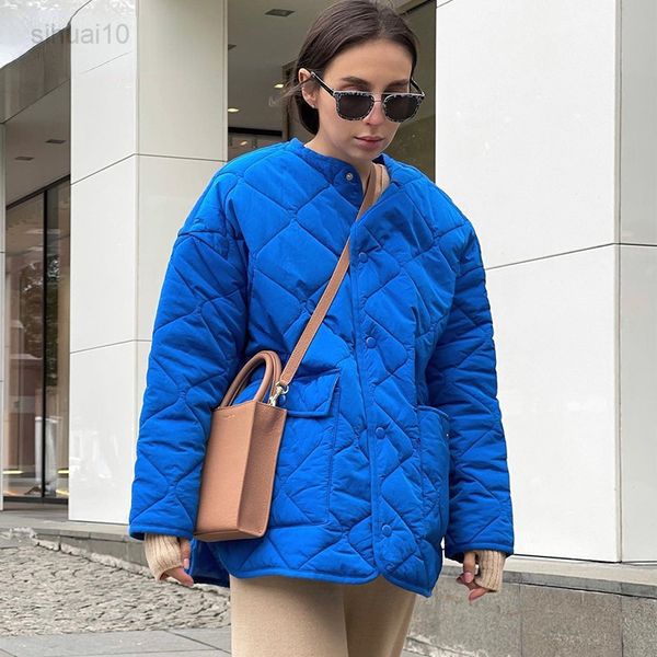 

new women long sleeves warm fashion single-breasted casual loose blue round neck cotton jacket autumn/winter women blue jacket l220725, Black