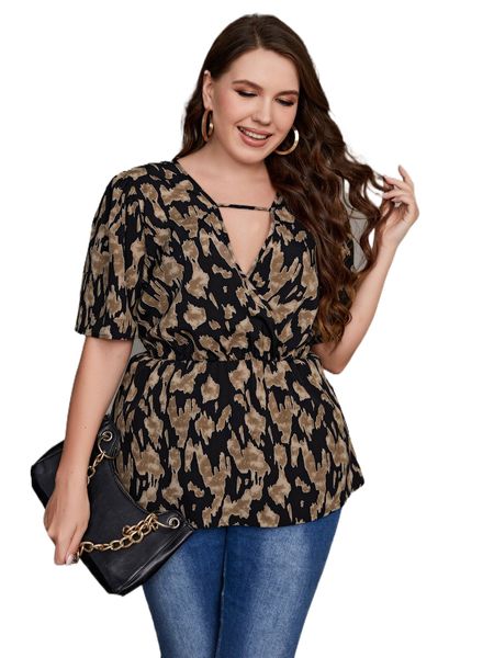 

plus allover print cut out peplum blouse a2xv#, Black