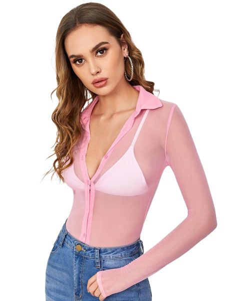 

sheer mesh single breasted blouse without bra 52gv#, White