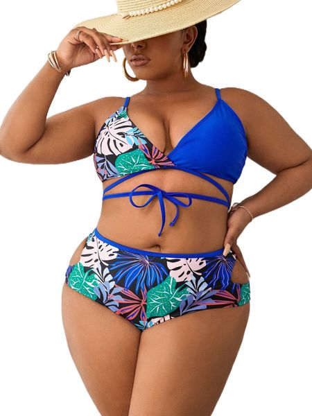 

plus tropical print knot front bikini swimsuit c6gt#, White;black